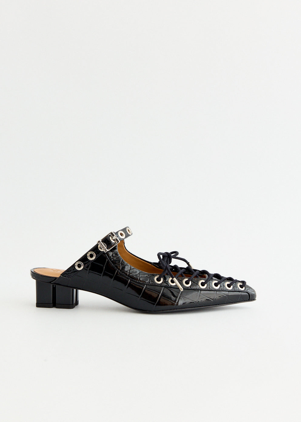 Croco Eyelets Lace Up Mules