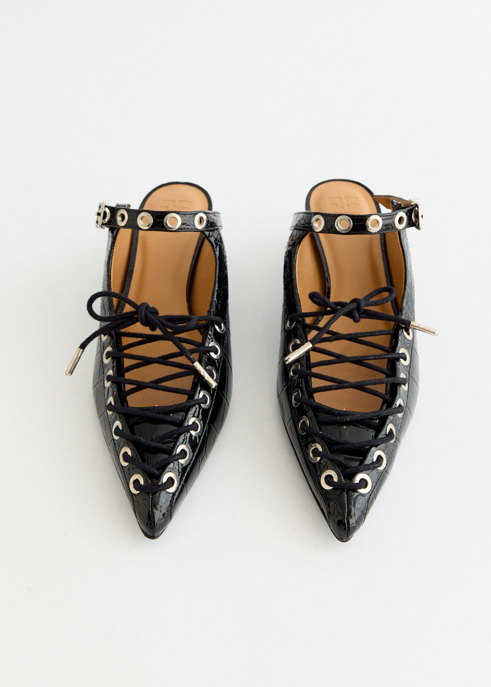 Croco Eyelets Lace Up Mules