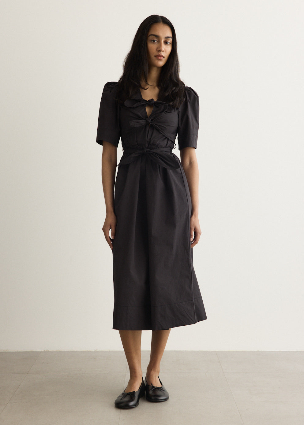 stretch cotton sateen midi dress in black Stretch Cotton Tie Strap Midi Dress
