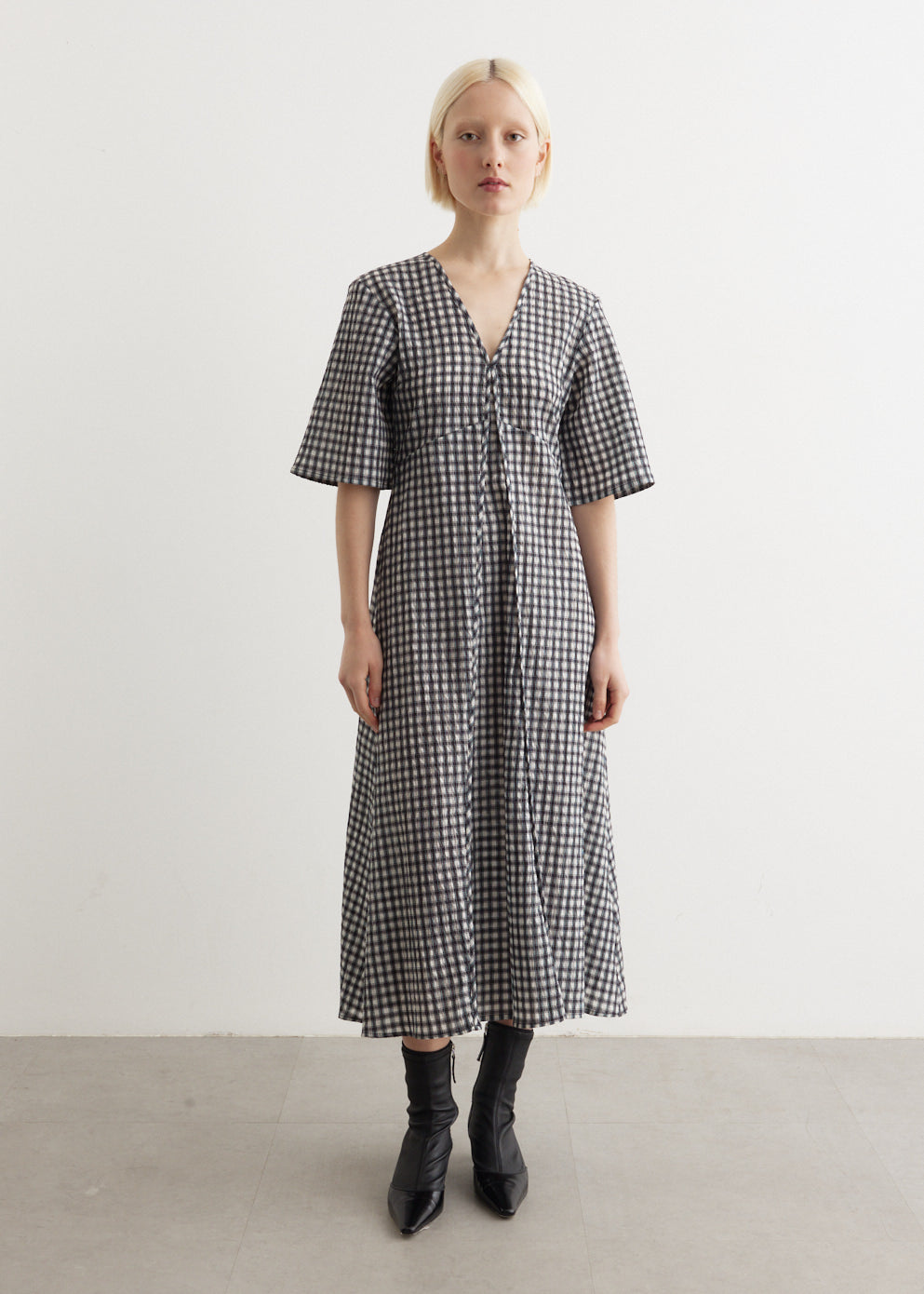 Seersucker Check V-Neck Long Dress - Main Image