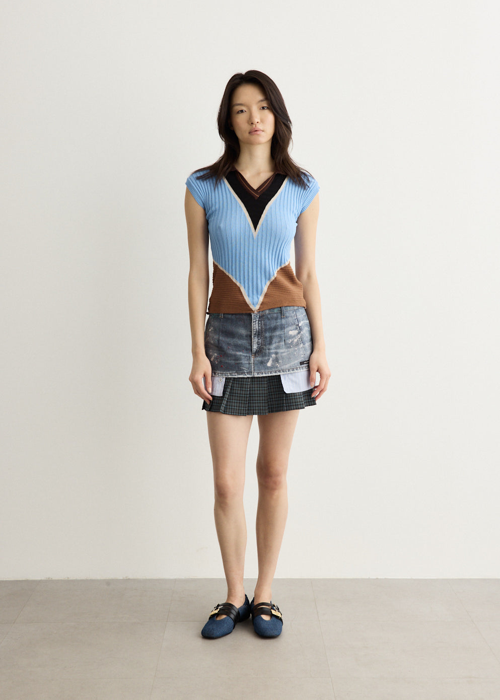 Painted Denim Layered Mini Pleats Skirt