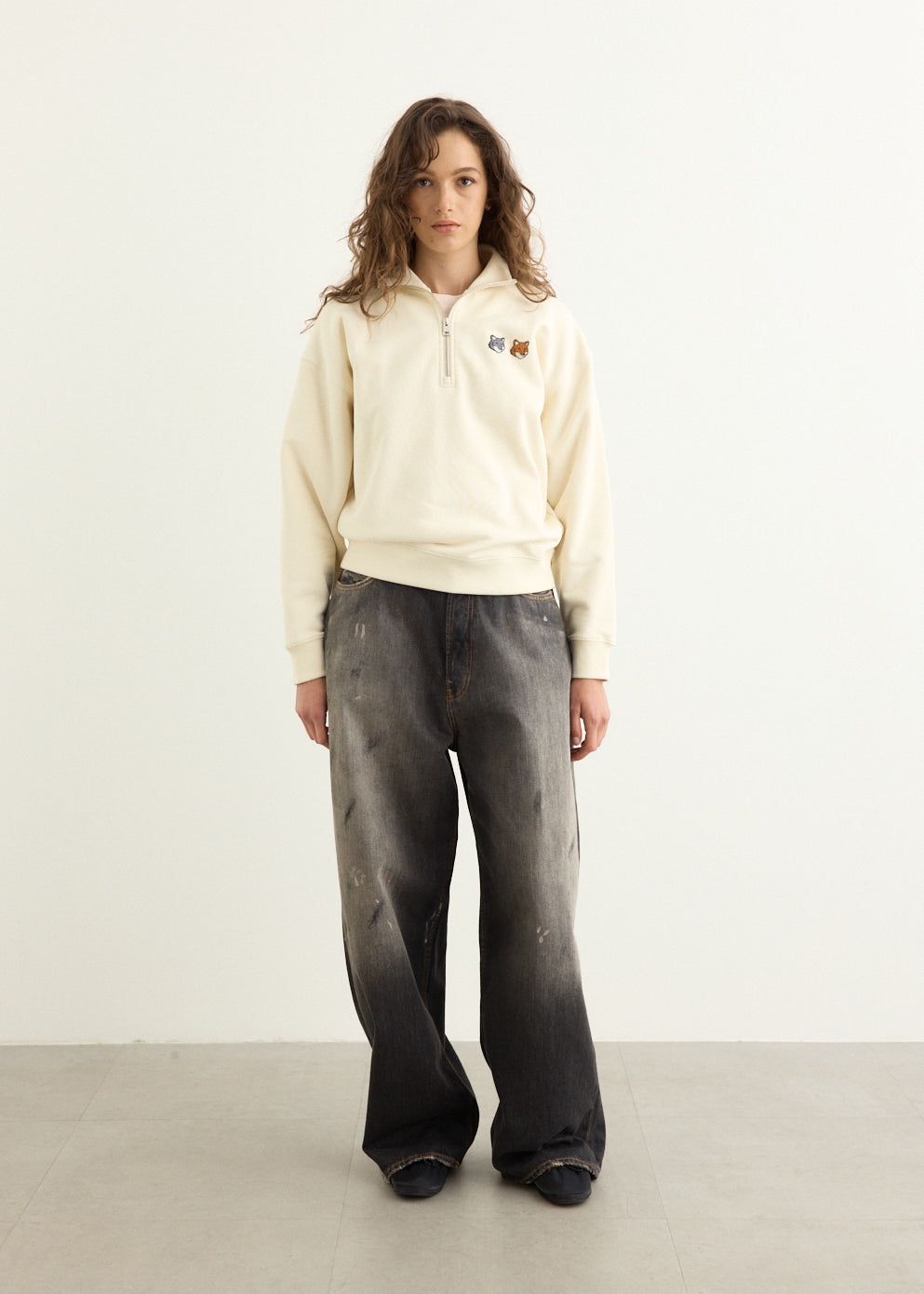 c*o様 WARP & WOOF Linen Half Zip Pullover Double Fox Head Half Zip Comfort Sweatshirt