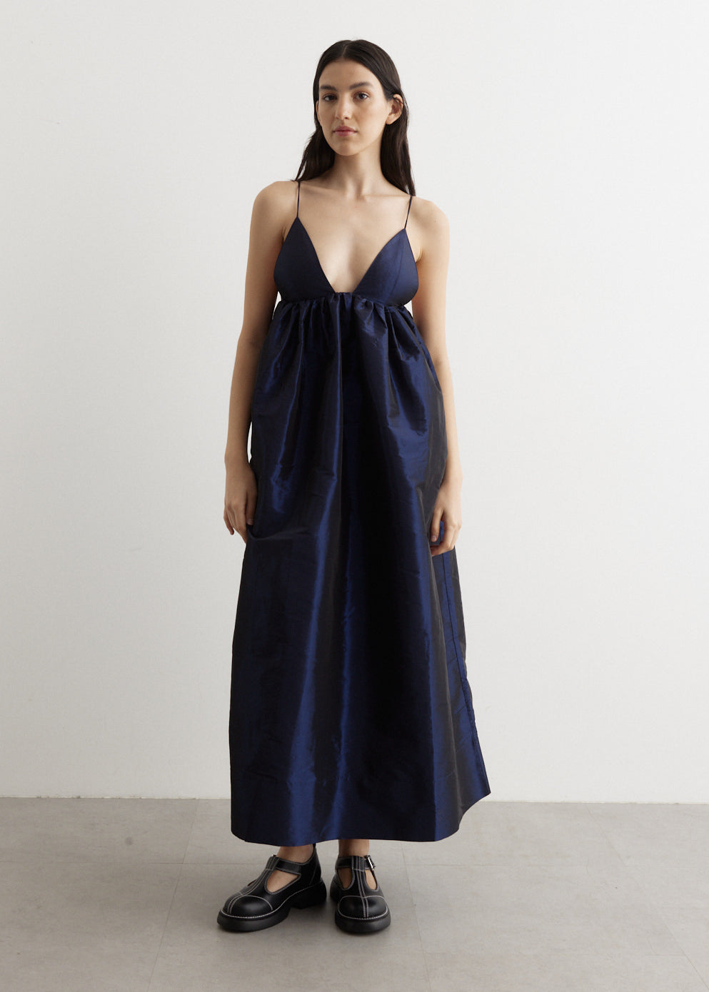 ganni blue taffeta dress GANNI Blue Shiny Taffeta Strap Dress