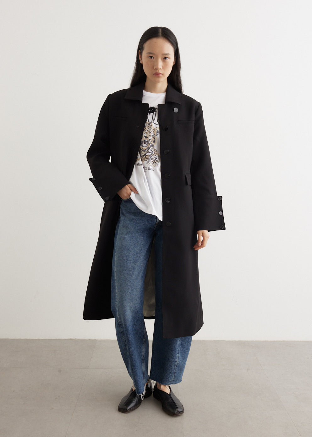 GANNI｜COATS (BLACK BONDED CREPE COAT (F9606 099)) GANNI Black Bonded Crepe Coat GANNI