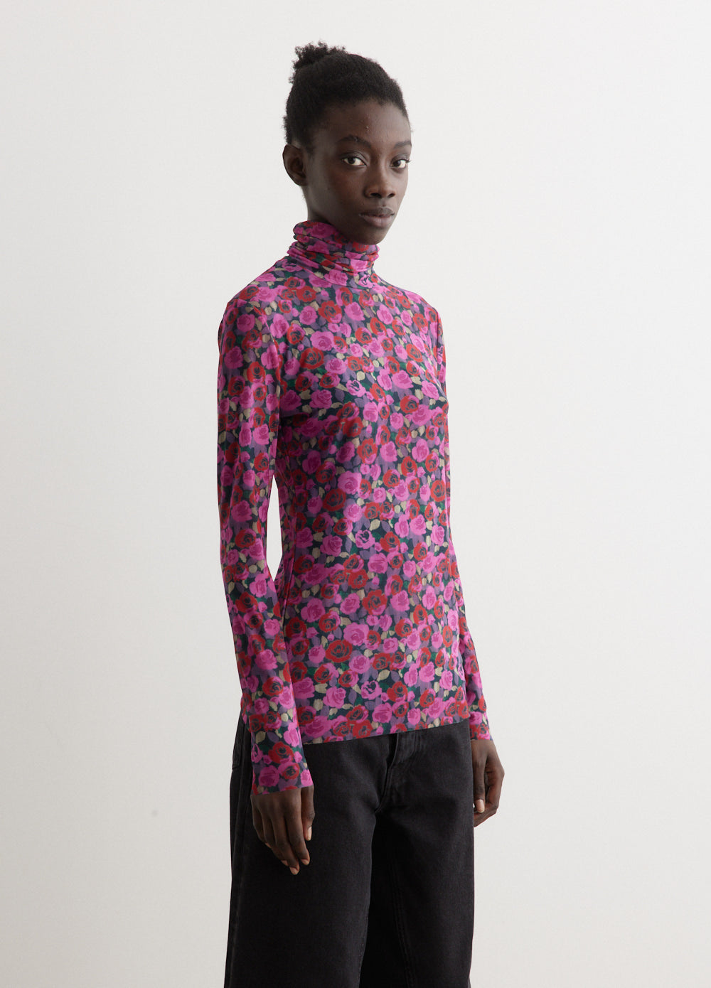 Ganni -  Printed Mesh Long Sleeve Rollneck - Tops