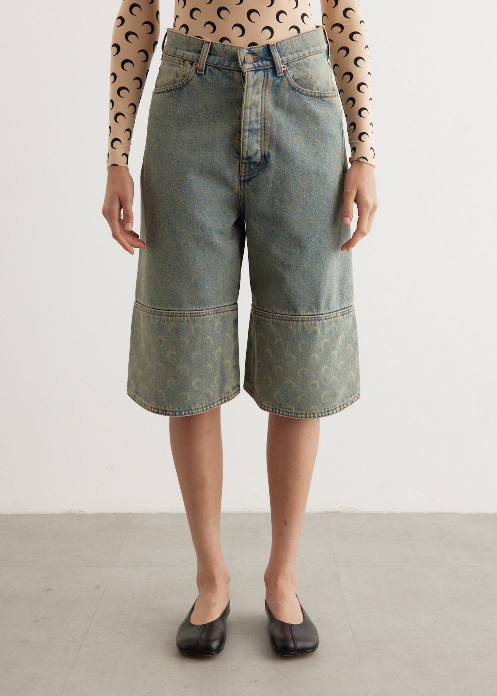 パンツ Marine Serre Moon Laser Denim Bermudas Moon Laser Denim Bermudas