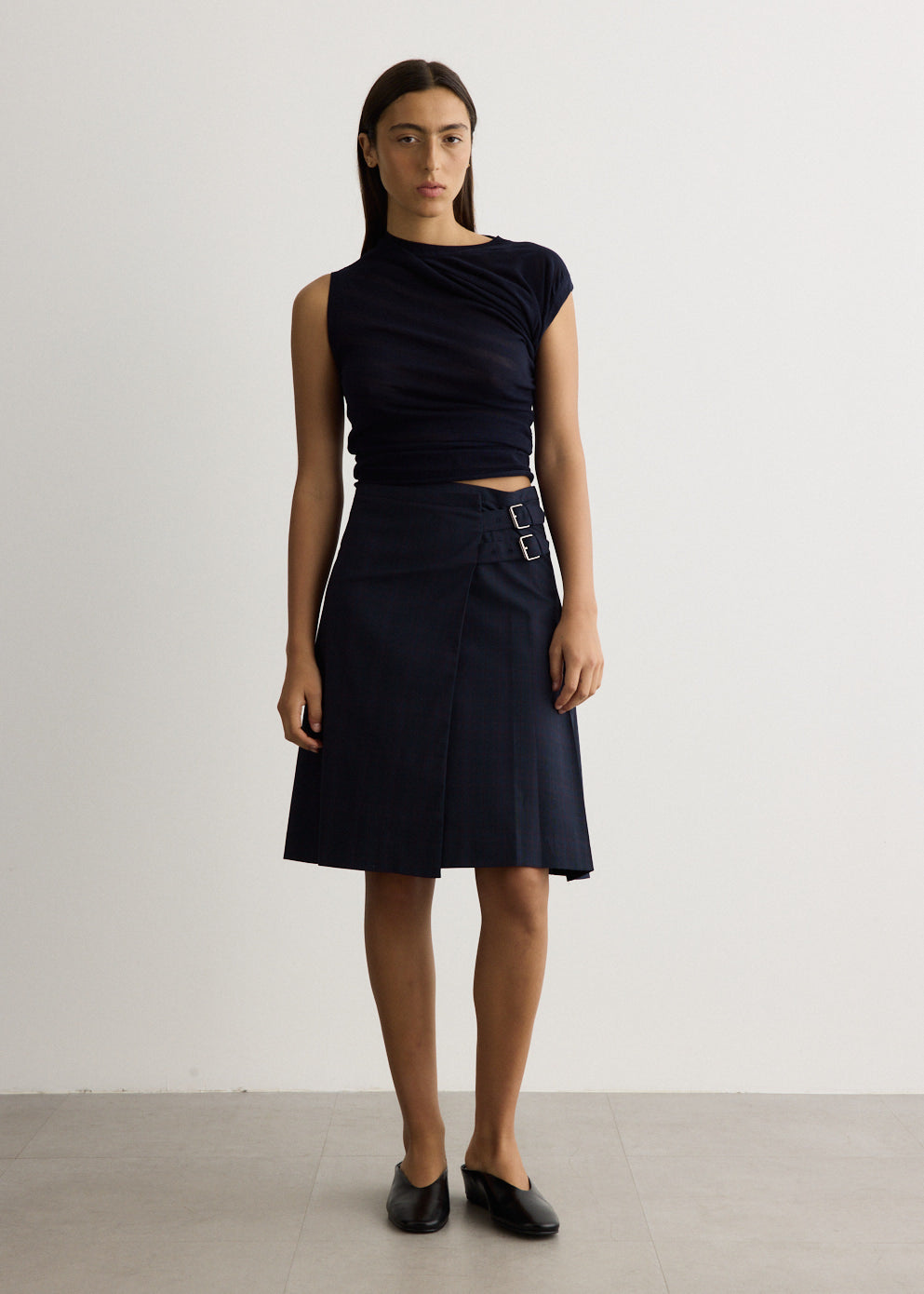 Pleats Midi Checked Skirt