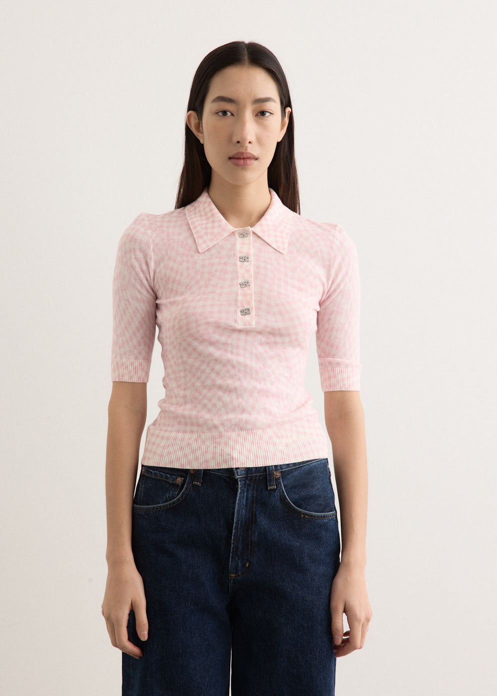 Tシャツ・カットソー Ganni FW25 Cotton printed polo shirt (K2491 038) Bleached Mauve Pink Sheer Cotton Printed Polo Shirt | GANNI US