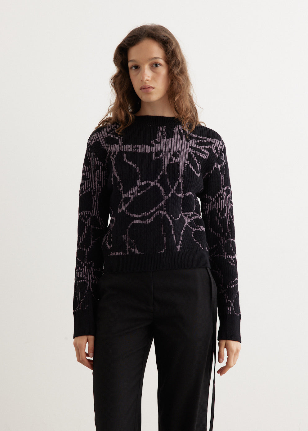 Intarsia Black Pattern Crew Sweater