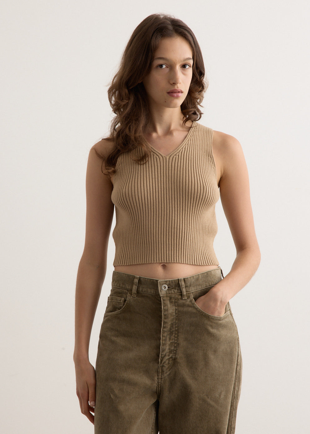 Cotton Silk Rib Knit V-Neck Vest