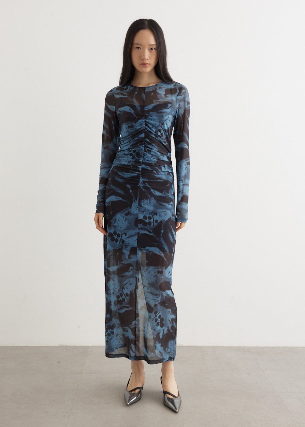 ganni printed ruched mesh maxi dress Printed ruched mesh maxi dress in blue - Ganni
