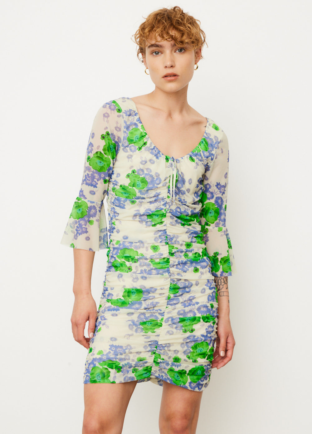 Printed Mesh Ruched Mini Dress - Main Image