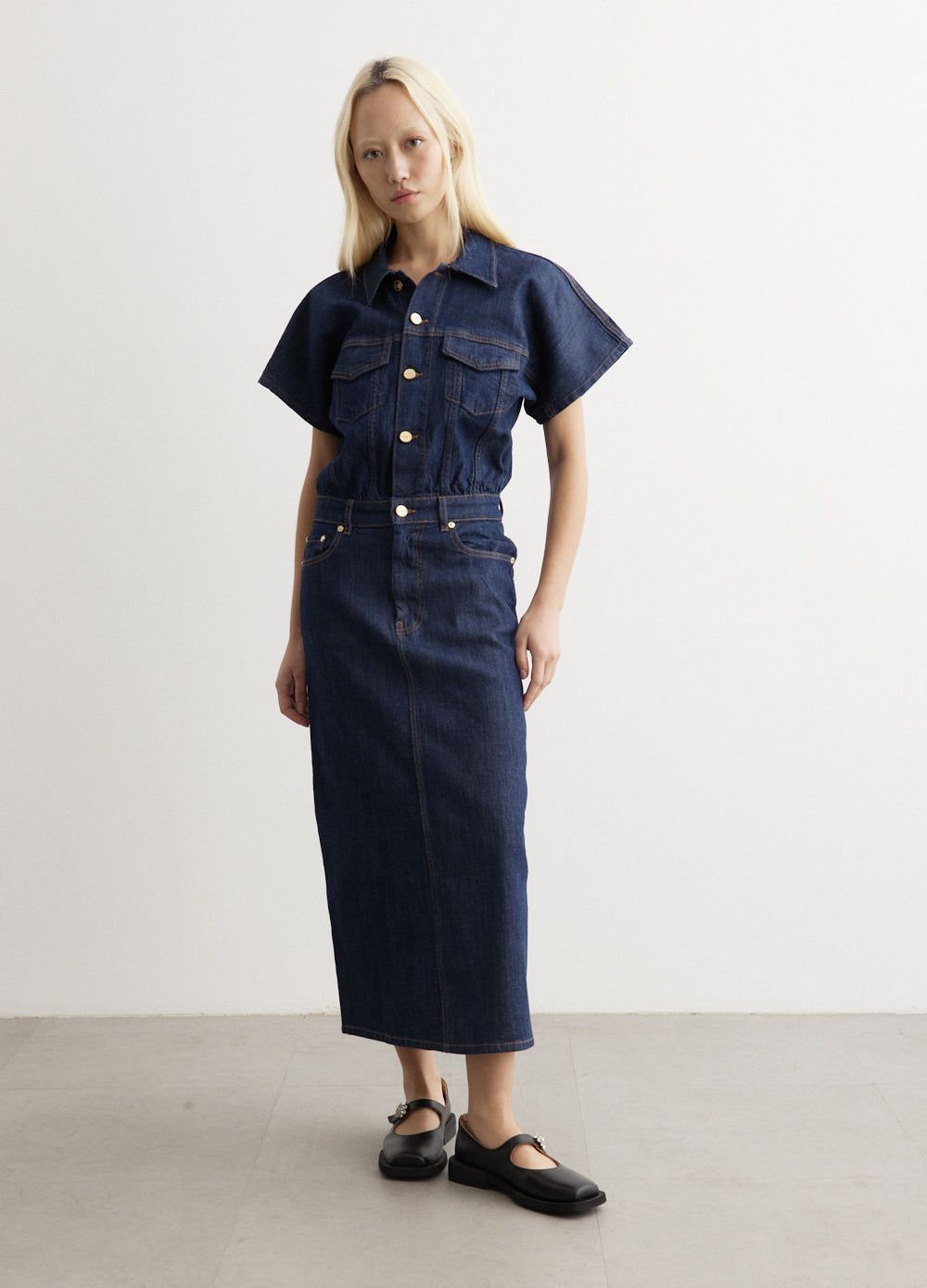 ganni denim midi dress Rinse Stitch Denim Midi Dress