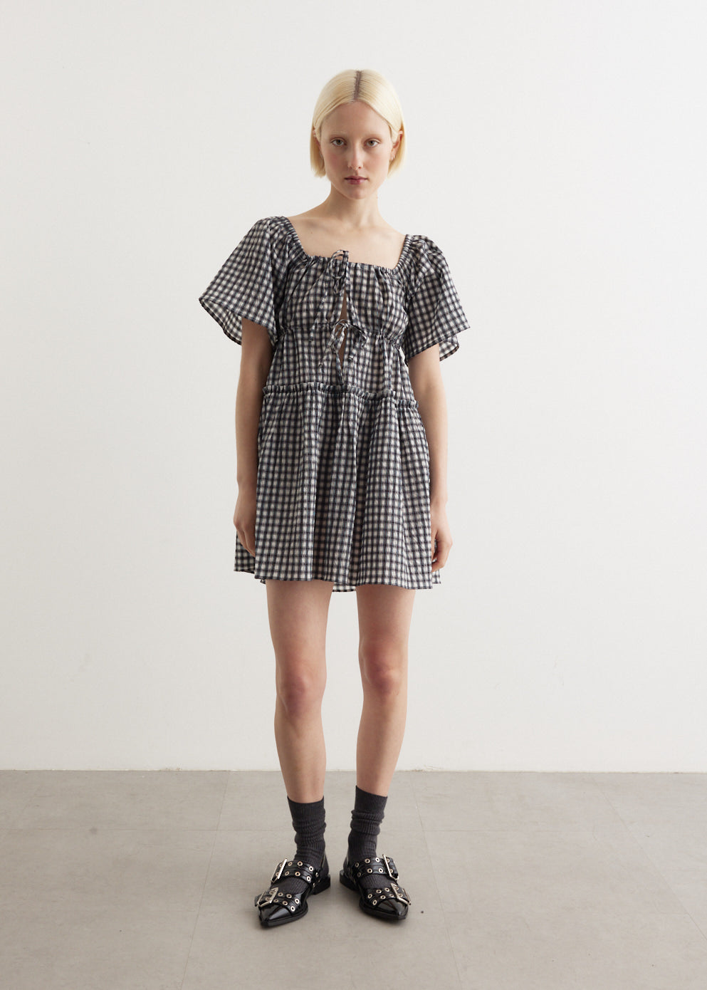 【GANNI】SEERSUCKER CHECK MINI LAYER DRESS ワンピース Ganni Seersucker Check Mini Layer Dress - Egret | Garmentory