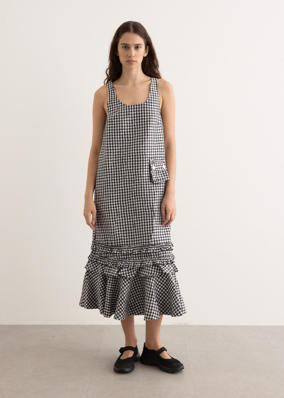 Crinkled Taffeta Check U-Neck Long Dress Crinkled Taffeta Check U-Neck Long Dress