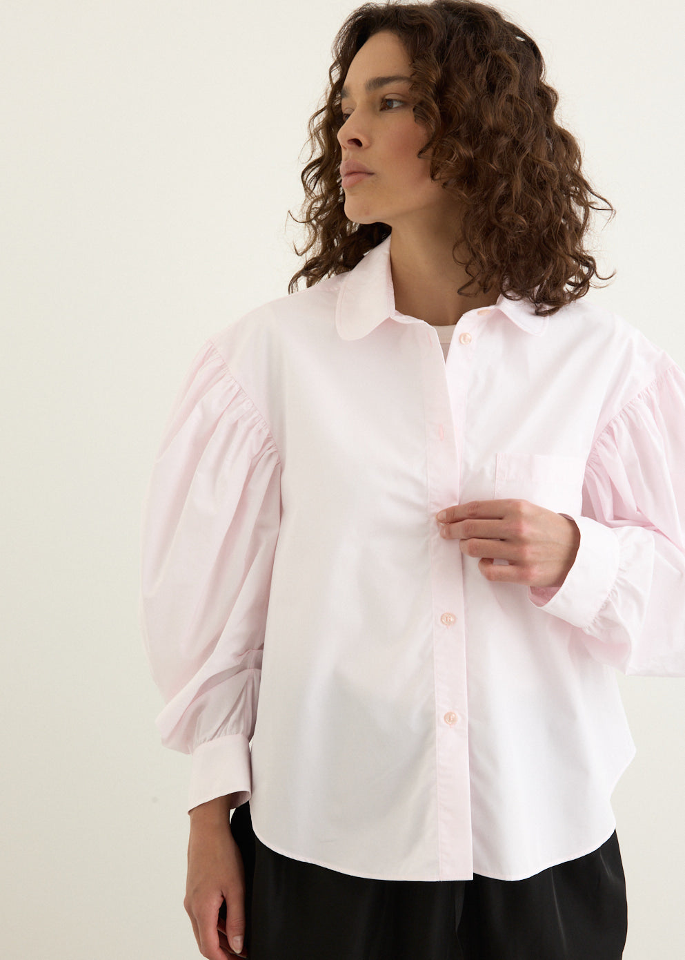 Boxy Draped Sleeve Round Collar Shirt