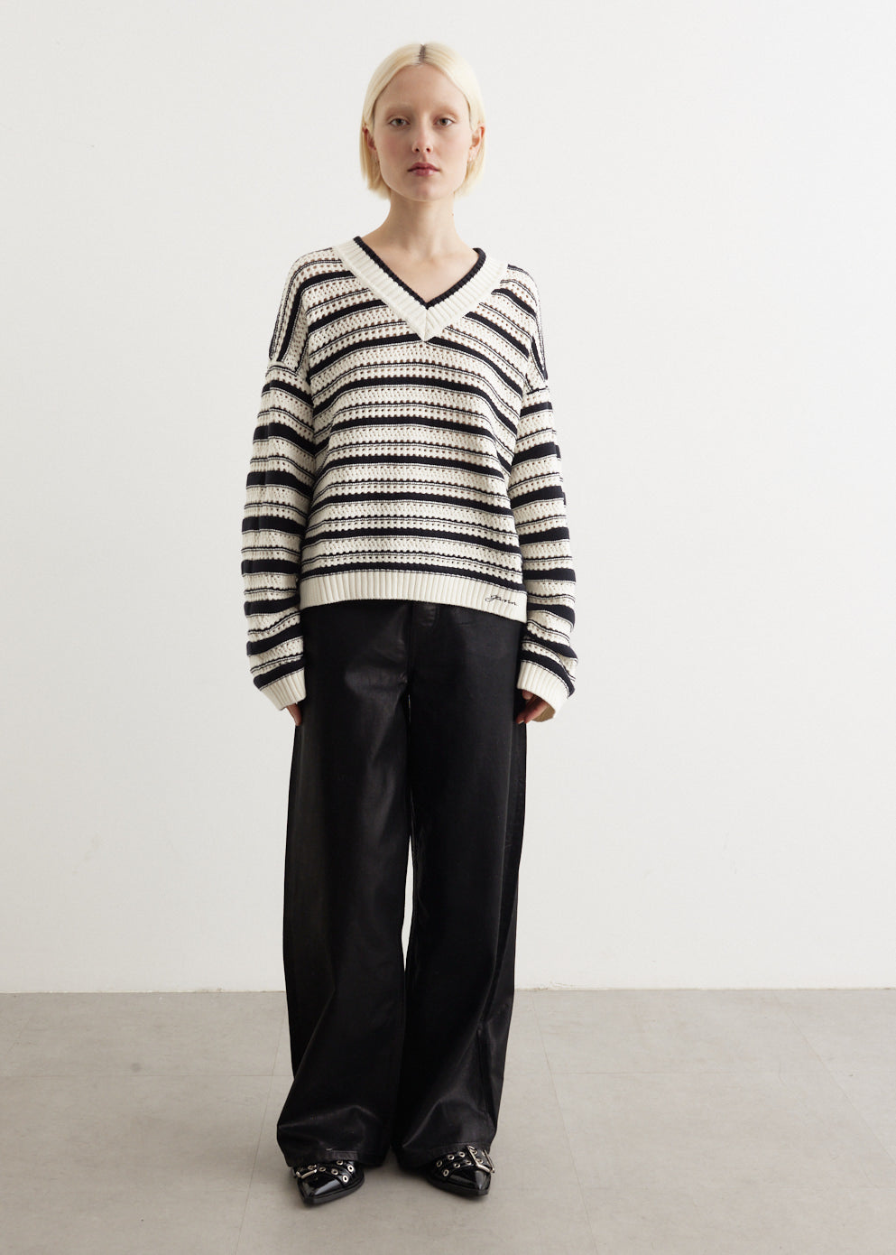 Striped Cotton Pointelle V-Neck - Main Image