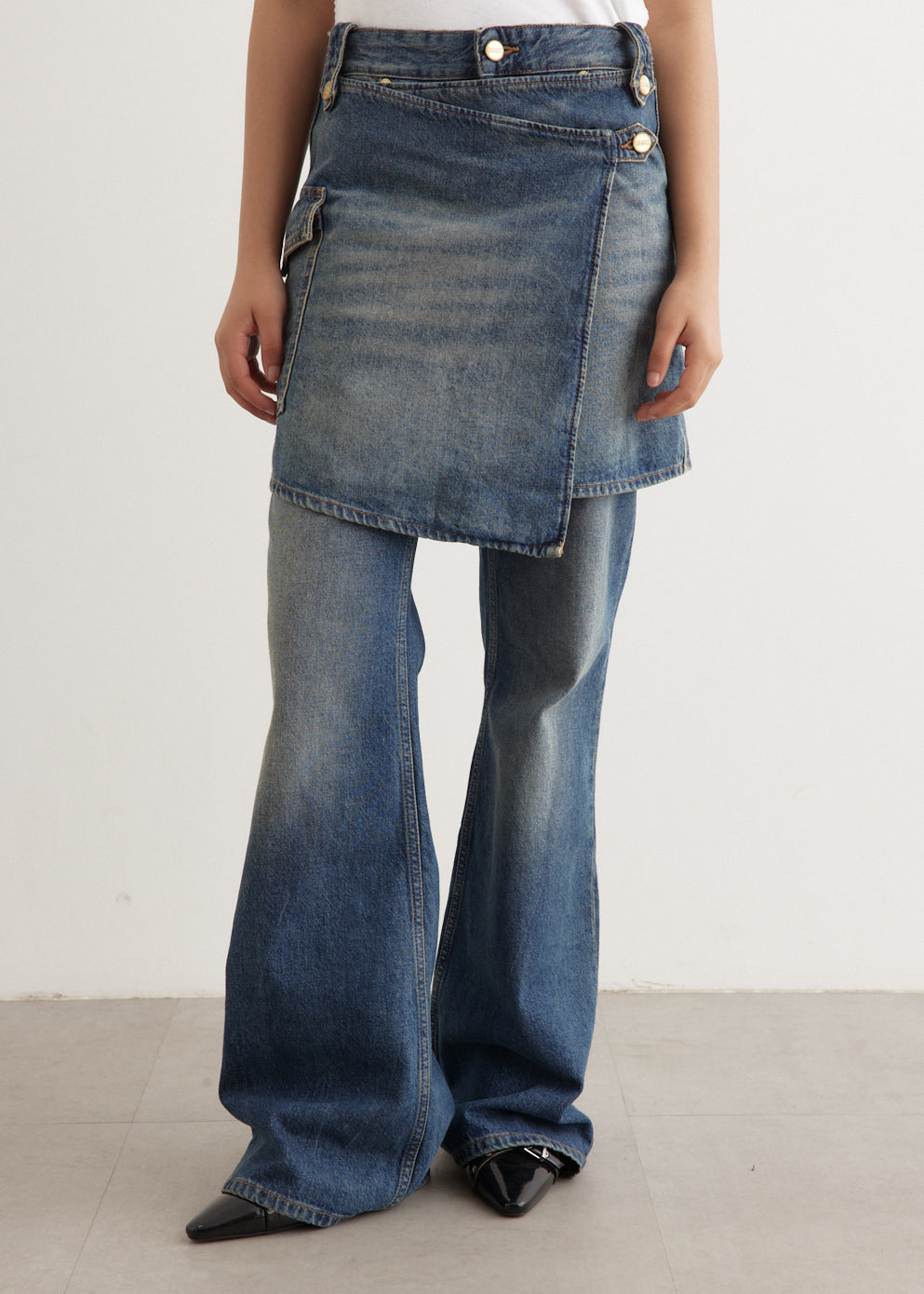 Heavy Washed Denim Flared Skirt Jeans - Main Image