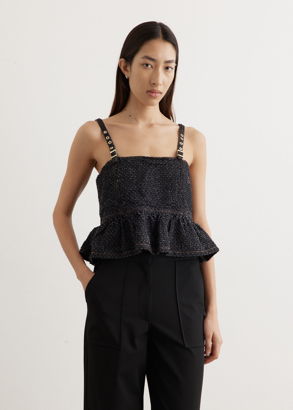 Fluffy Denim Strap Top