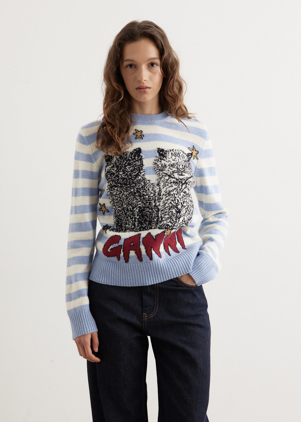Tシャツ・カットソー Ganni Striped Graphic Wool Mix Cats Knit Illusion Blue K2369 Illusion Blue Blue Striped Graphic Cat Sweater | GANNI US