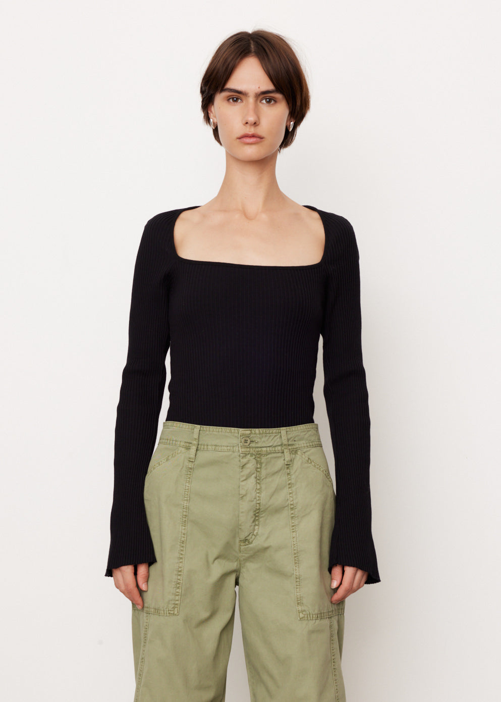 Bassike -  Drapey Rib Square Neck Long Sleeve Top - Tops