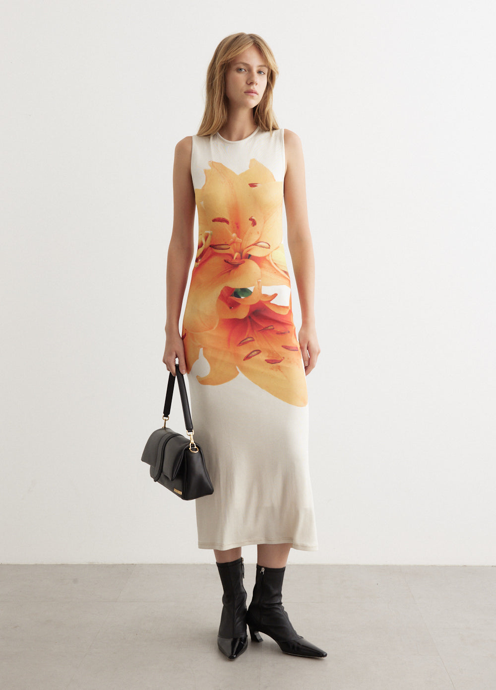 white dress with orange flowers Lily Printed Dress