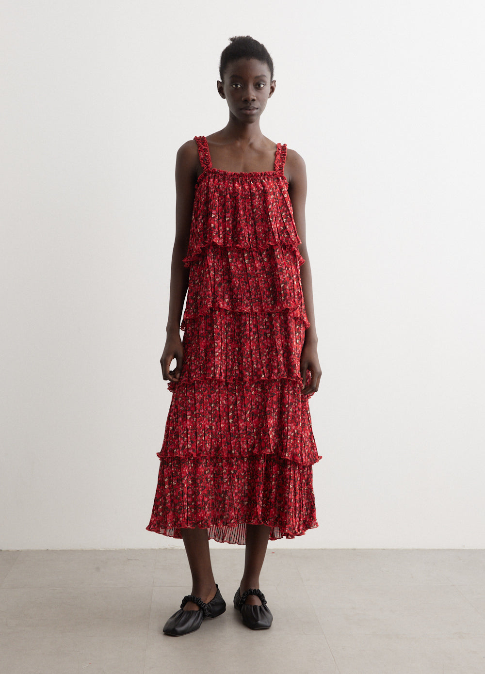 Pleated Georgette Flounce Strap Midi Dress Pleated Georgette Flounce Strap Midi Dress