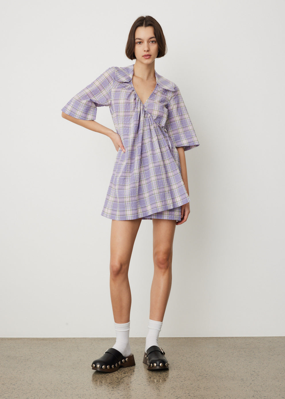 Ganni Purple Check Dress Seersucker Check Mini Dress