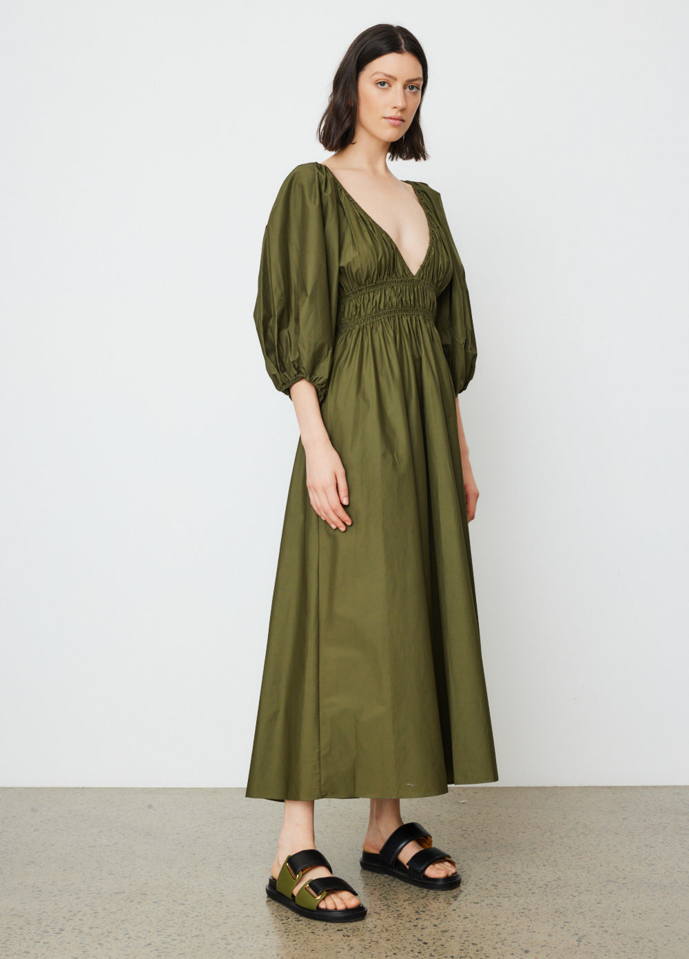 matteau green dress Shirred Plunge Dress
