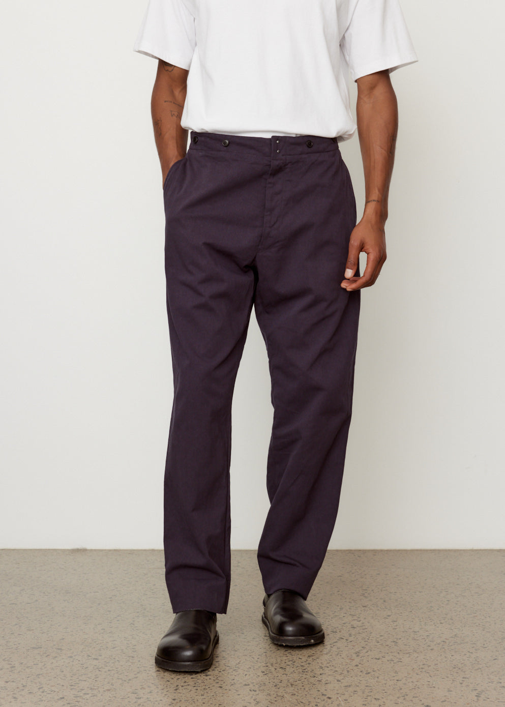 パンツ COMOLI WOOL SERGE BACK STRAP PANTS 2 COMOLI Wool Surge Pants, Navy – Navyblue