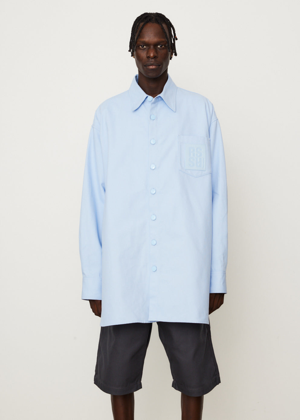 Oversized Denim Shirt With Leather Patch - Main Image