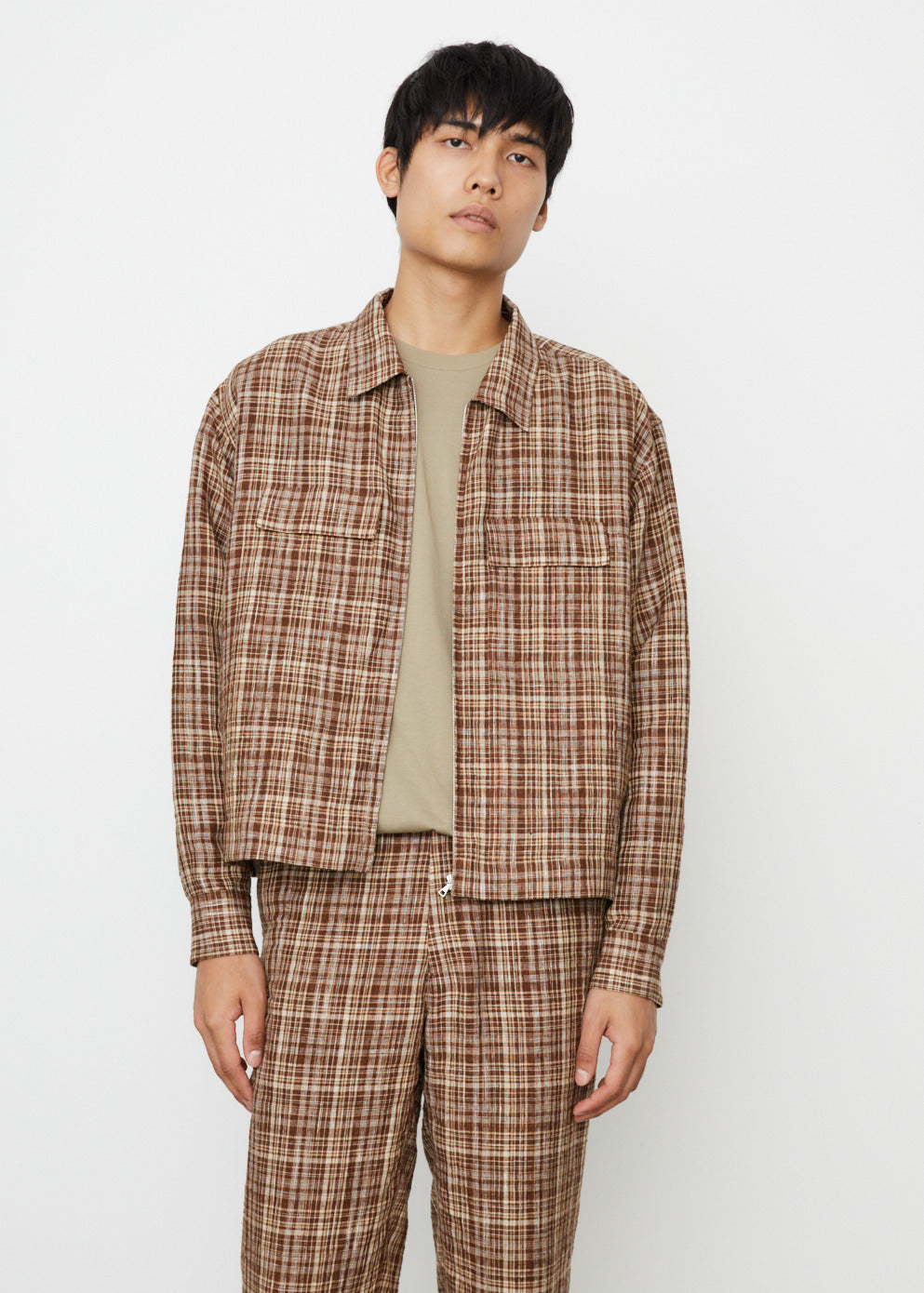 Linen Silk Check Zip Blouson