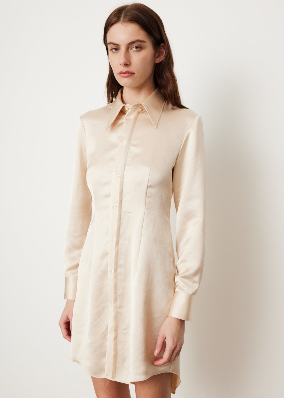cream satin shirt dress Luxurious Light Beige Satin Shirt Dress