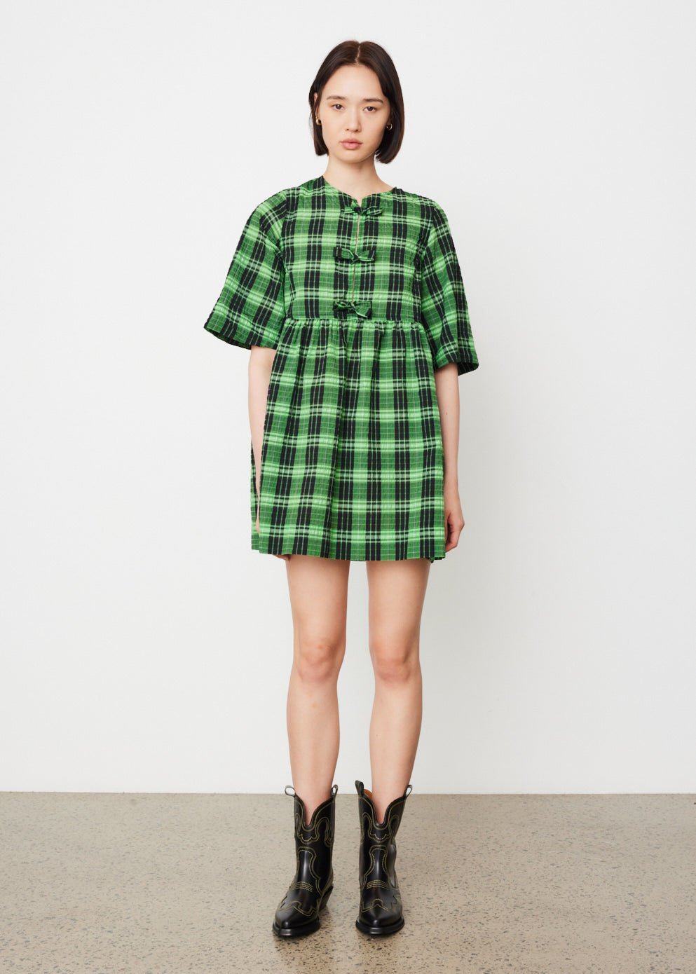 Seersucker Check Ribbon Mini Dress