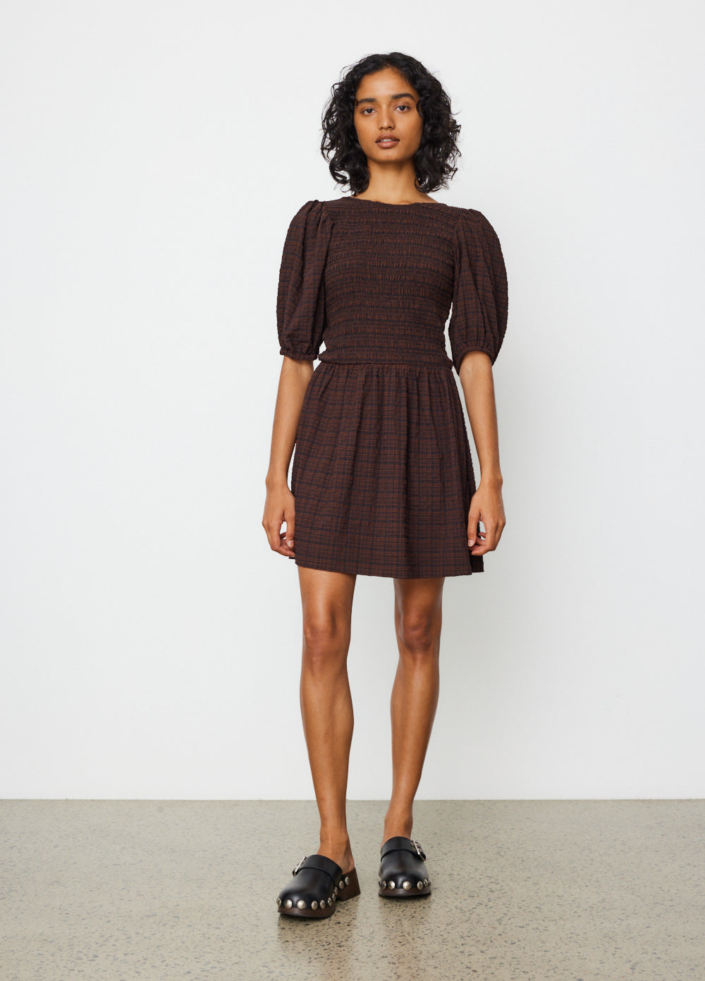 Stretch Seersucker Smock Mini Dress