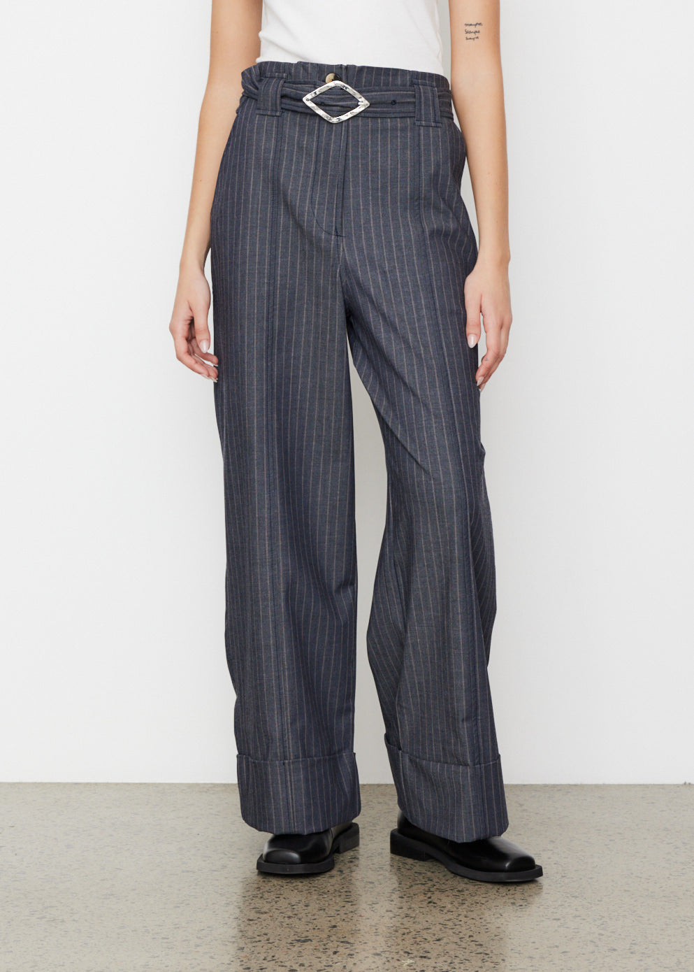 Ganni Stretch Stripe Mid Waist Pants - GRAY PINSTRIPE