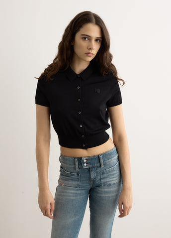 Short Sleeve Polo Cardigan With Embroidered Logo