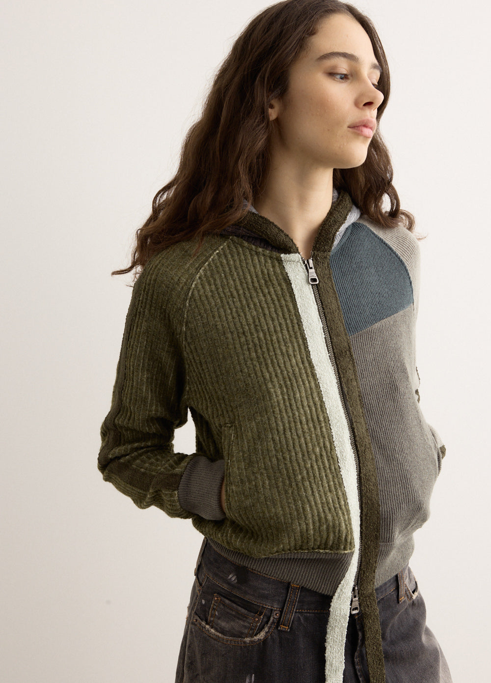 Color Blocked Knit Hoodie Knit Zip Up