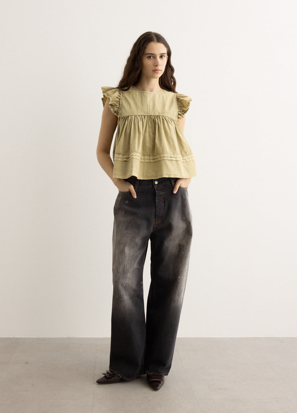 Washed Stretch Cotton Frill Sleeve Top