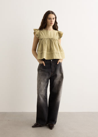 Washed Stretch Cotton Frill Sleeve Top