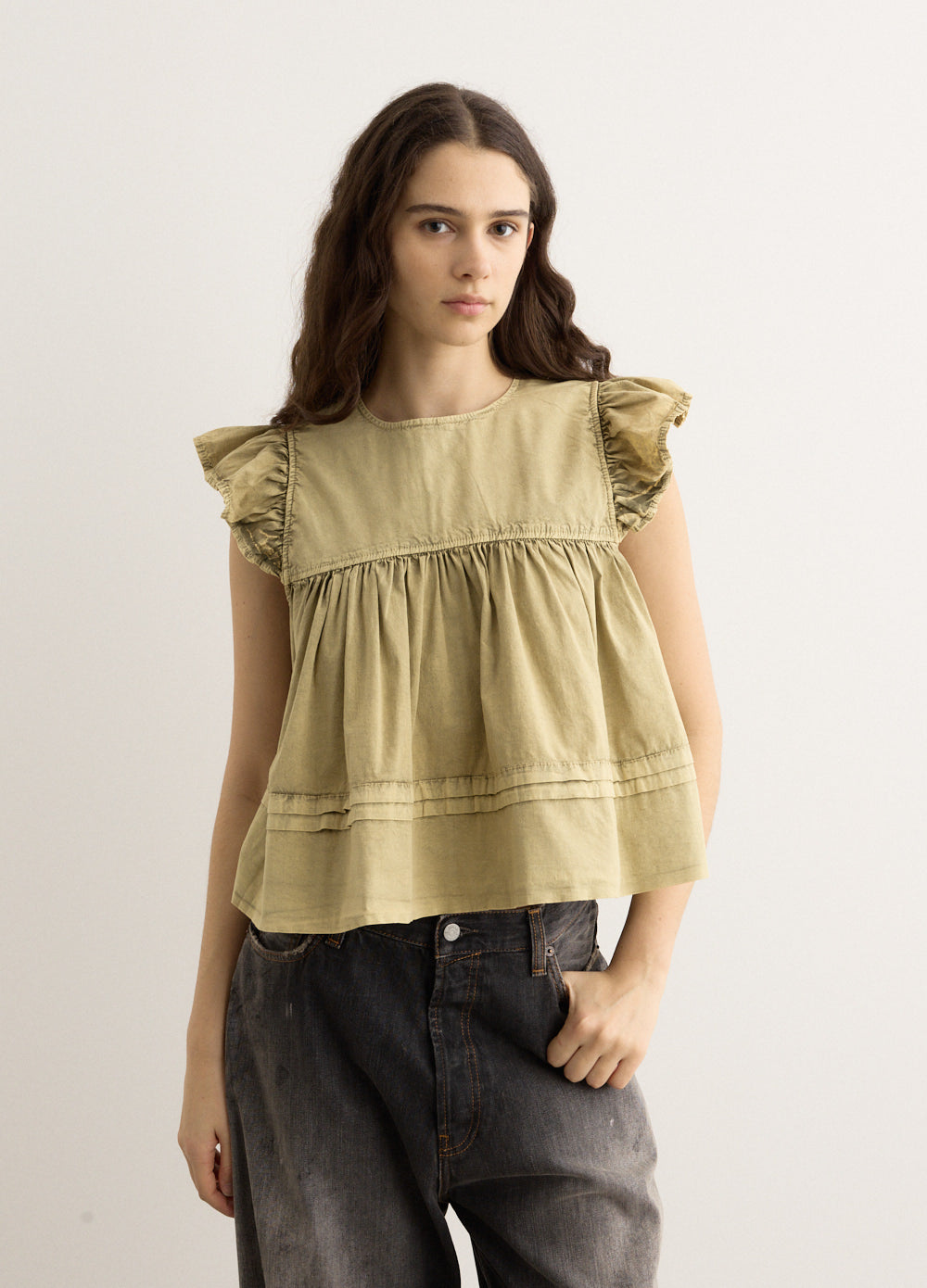Washed Stretch Cotton Frill Sleeve Top
