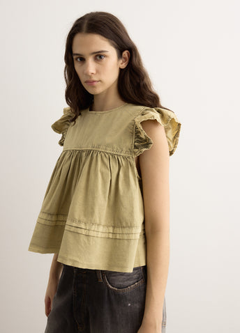 Washed Stretch Cotton Frill Sleeve Top