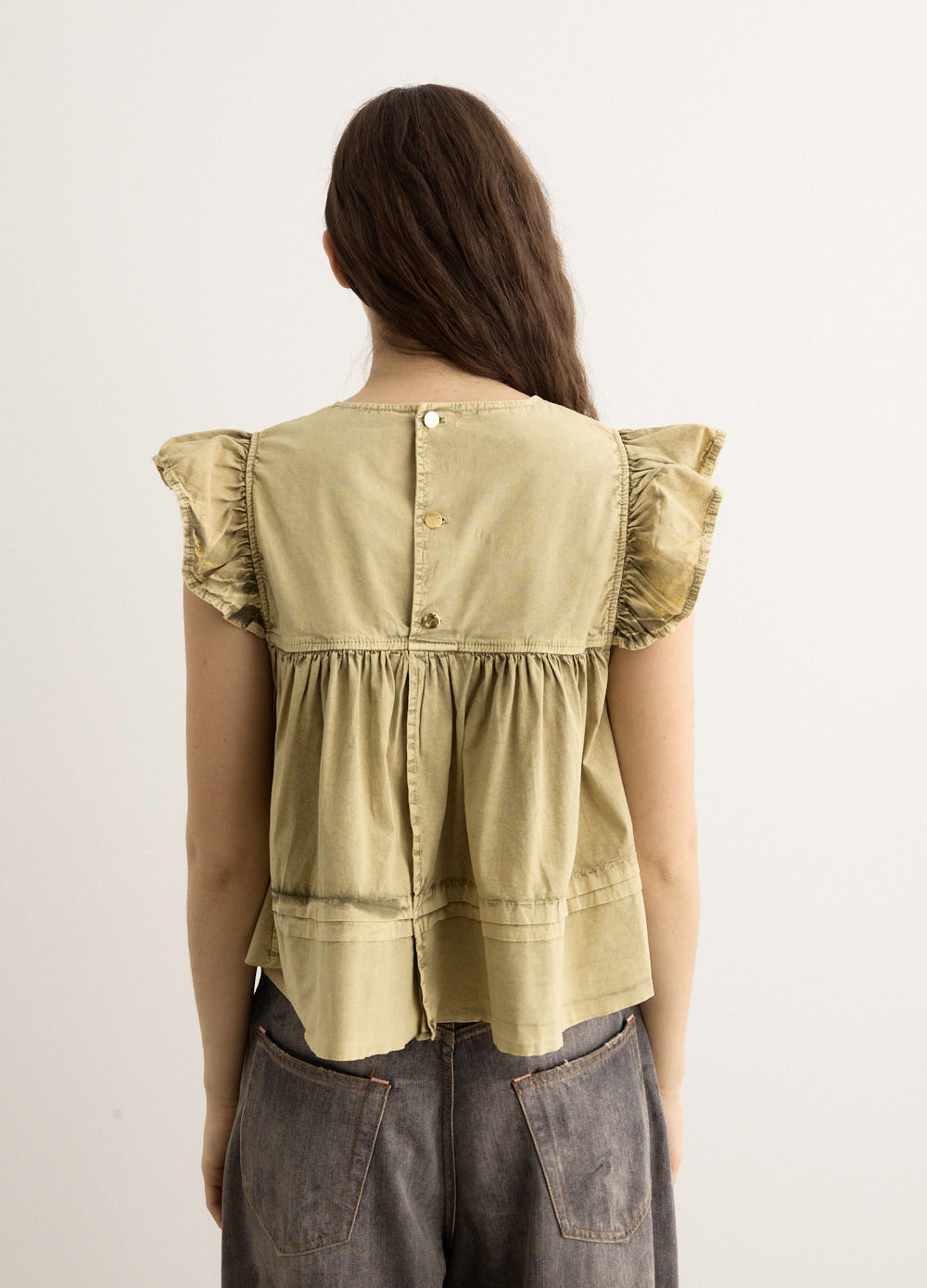 Washed Stretch Cotton Frill Sleeve Top