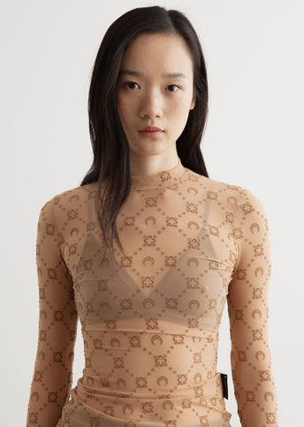 Moonogram Mesh Flock Highneck Top