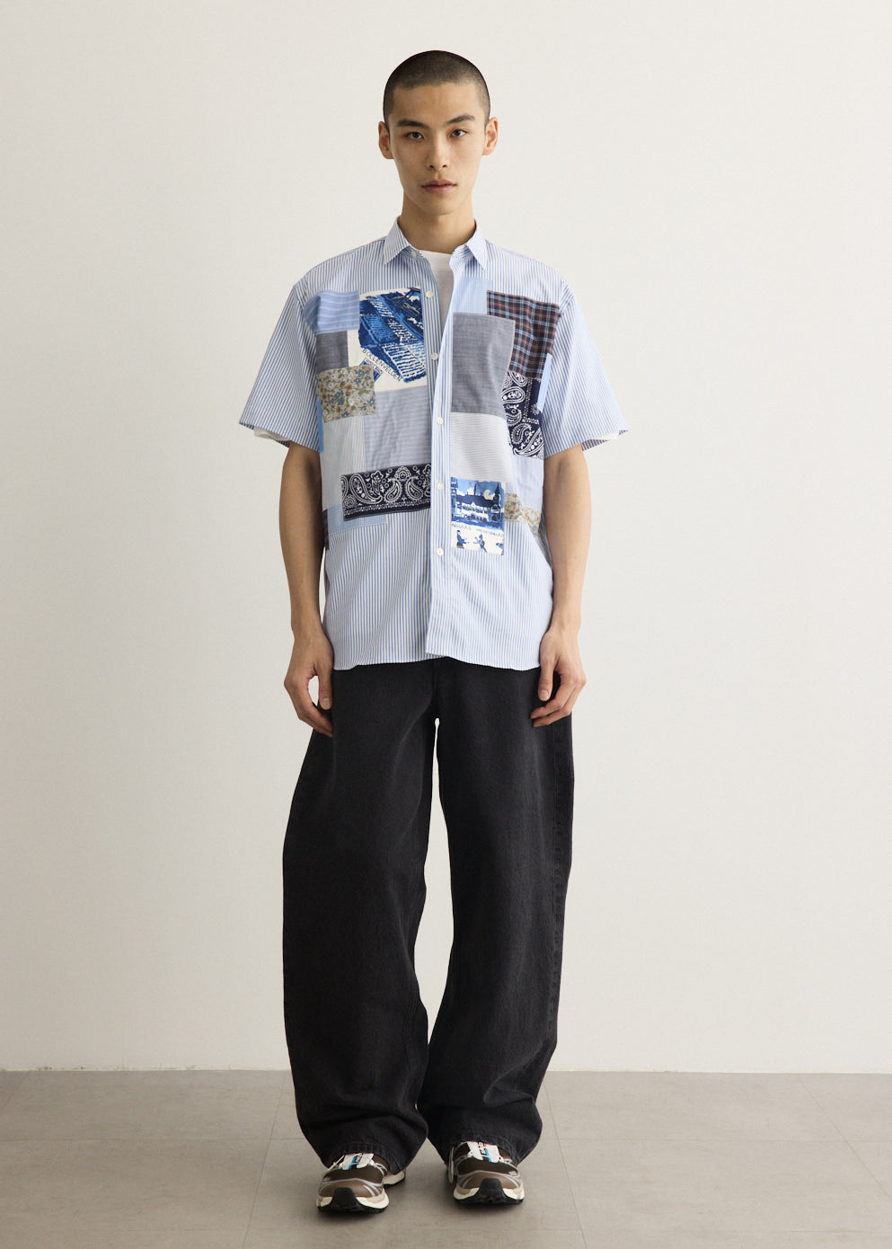 Cotton Stripe Patchwork Mix Short Sleeve Shirt