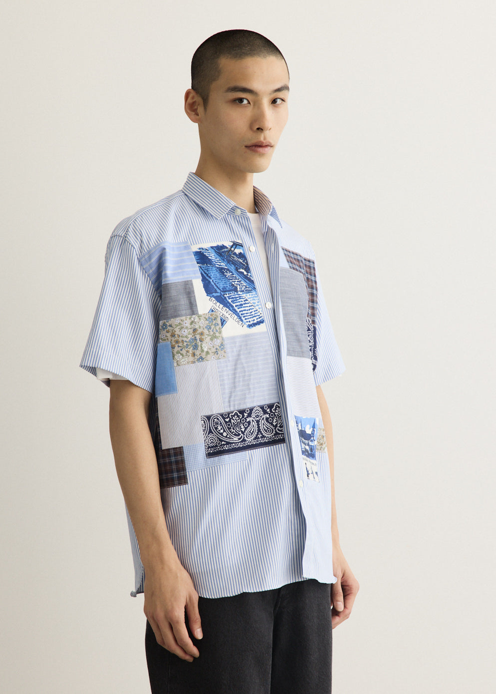 Cotton Stripe Patchwork Mix Short Sleeve Shirt