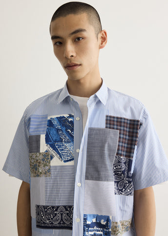 Cotton Stripe Patchwork Mix Short Sleeve Shirt