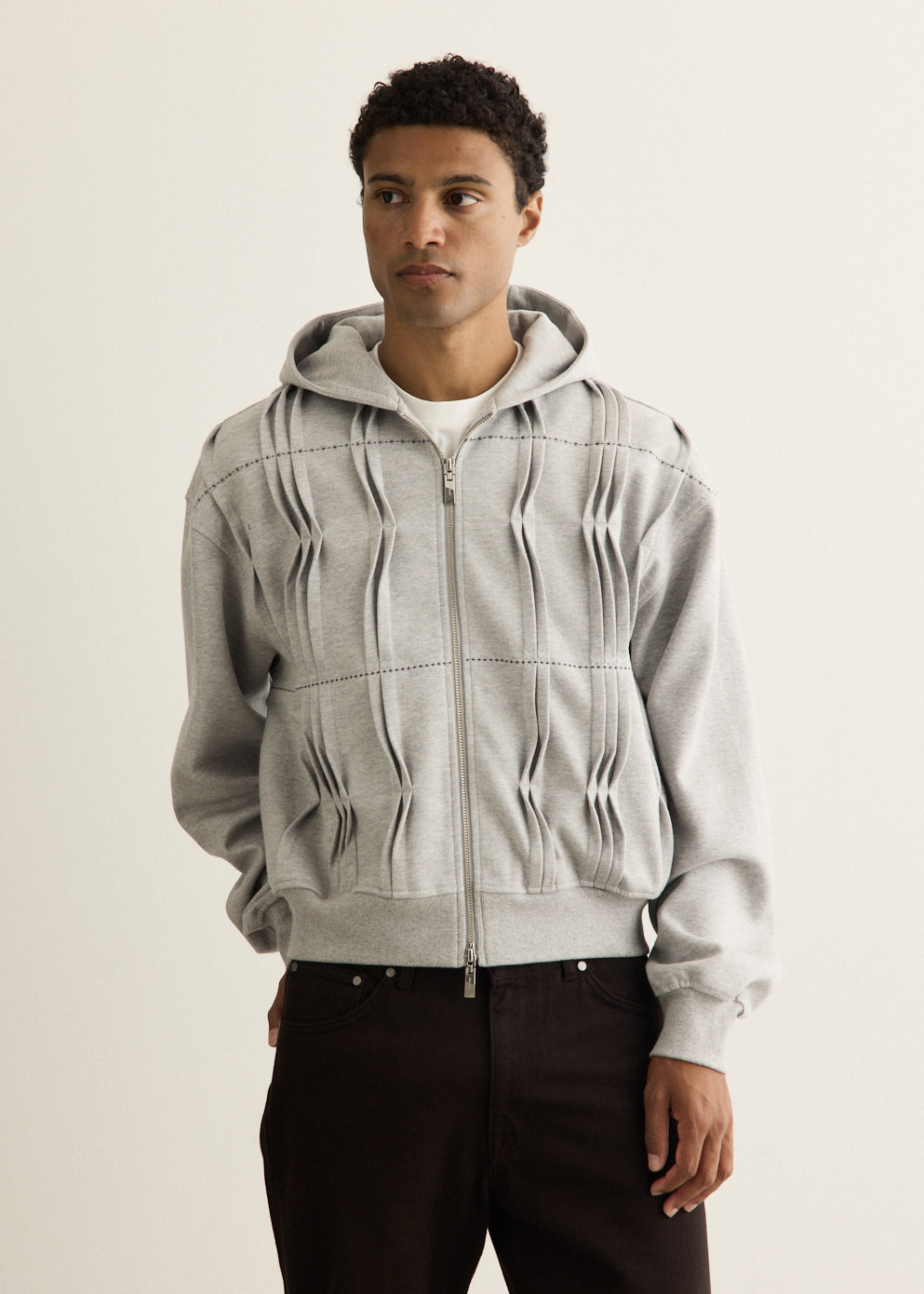 Pin Tuck Semi-Oversized Hooded Zip Up