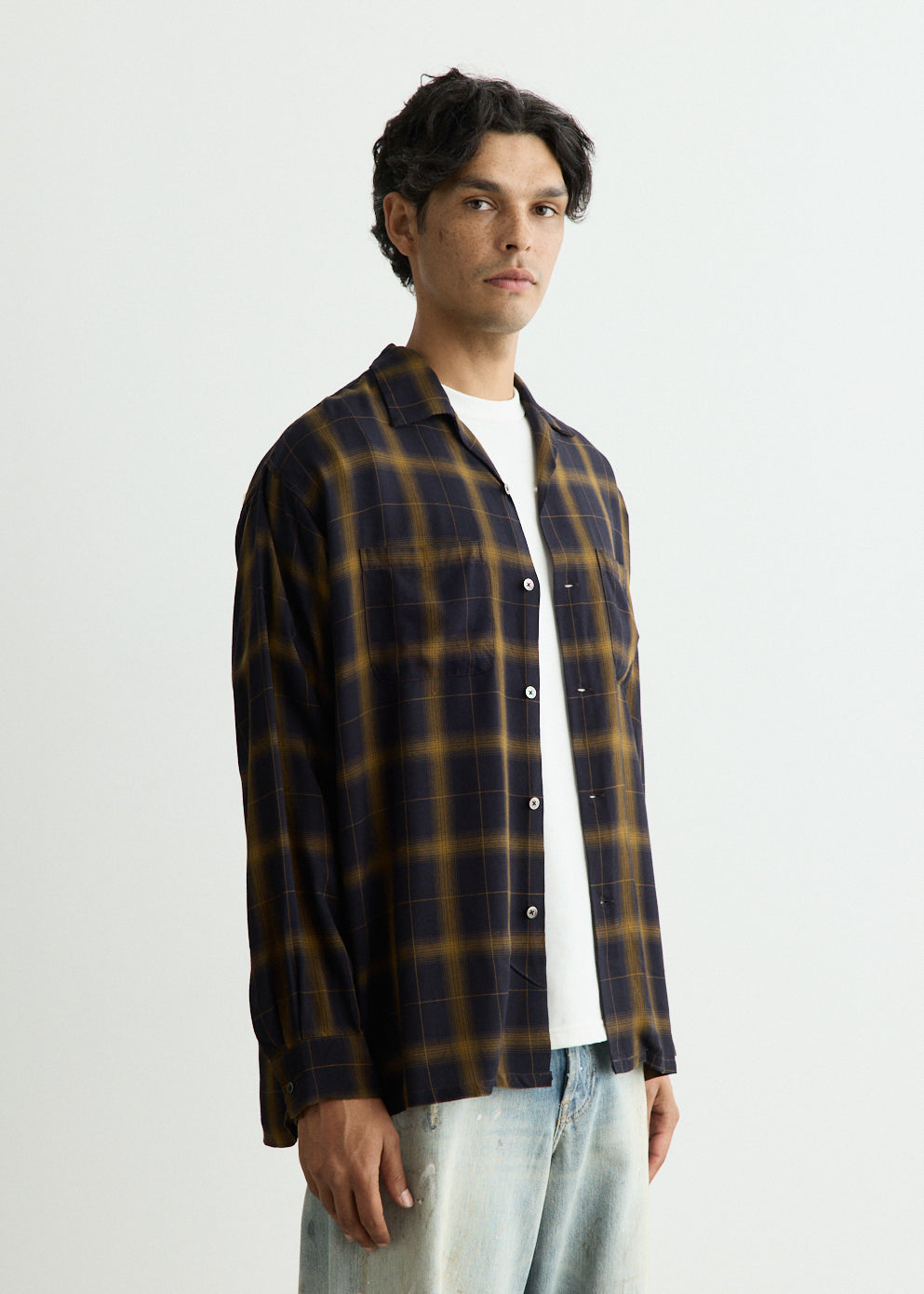 Open Collar Ombre Plaid Shirt
