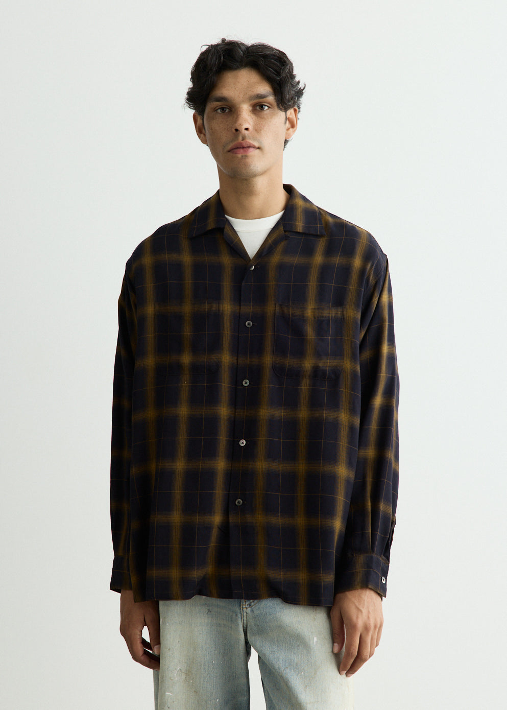 Open Collar Ombre Plaid Shirt